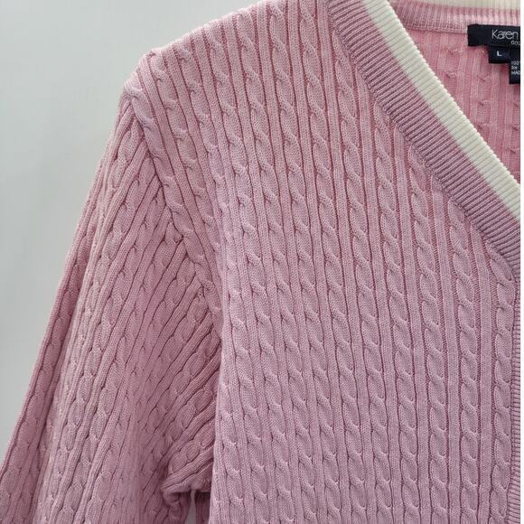 Karen Kane Golf Pink Cream Preppy Old Money Cable Knit Cardigan Jacket Sweater - Picture 9 of 11